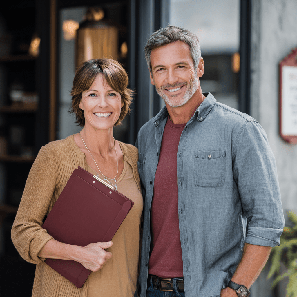 Two people reviewing mortgage options together at a kitchen table