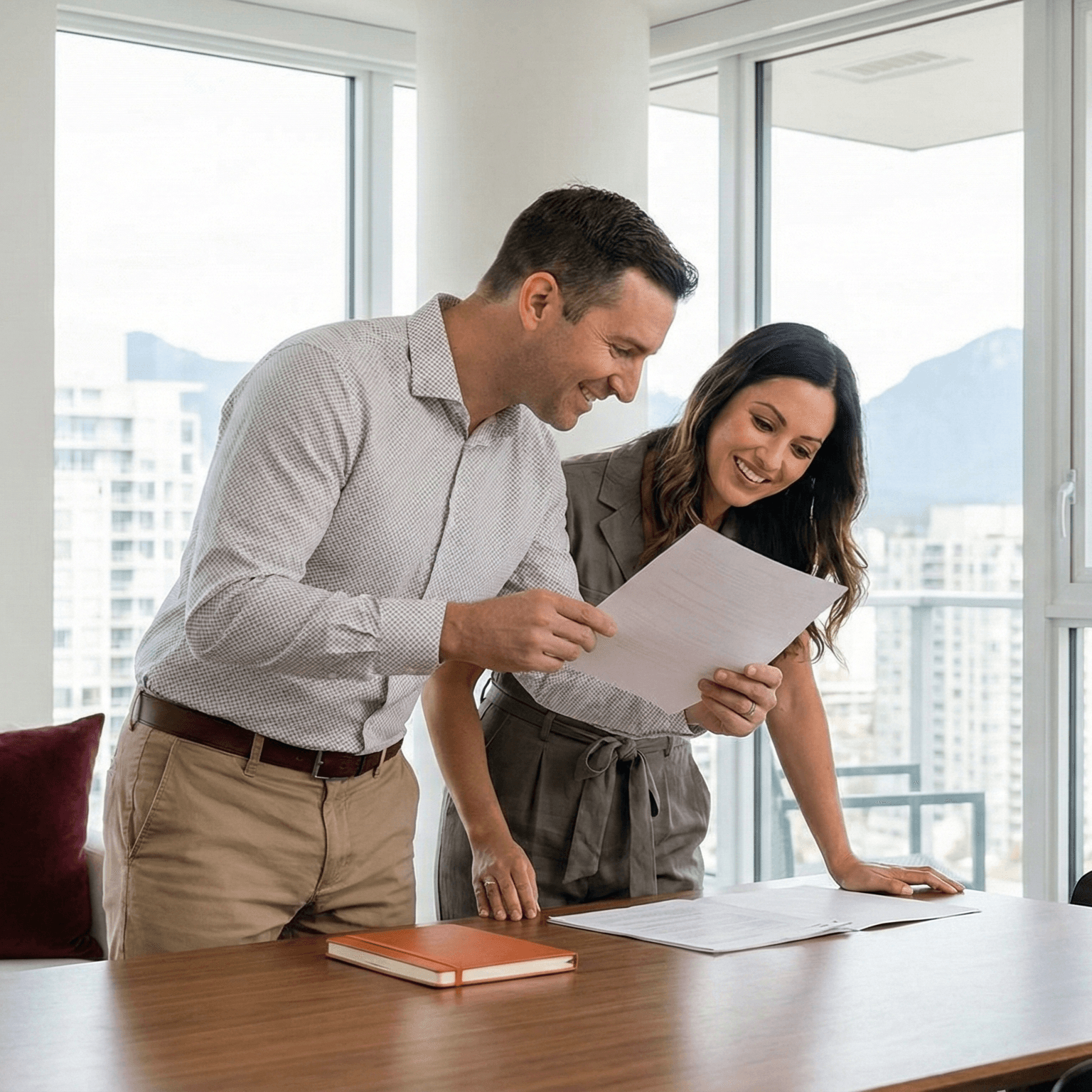 Self-employed couple reviewing mortgage documents in a modern Vancouver condo